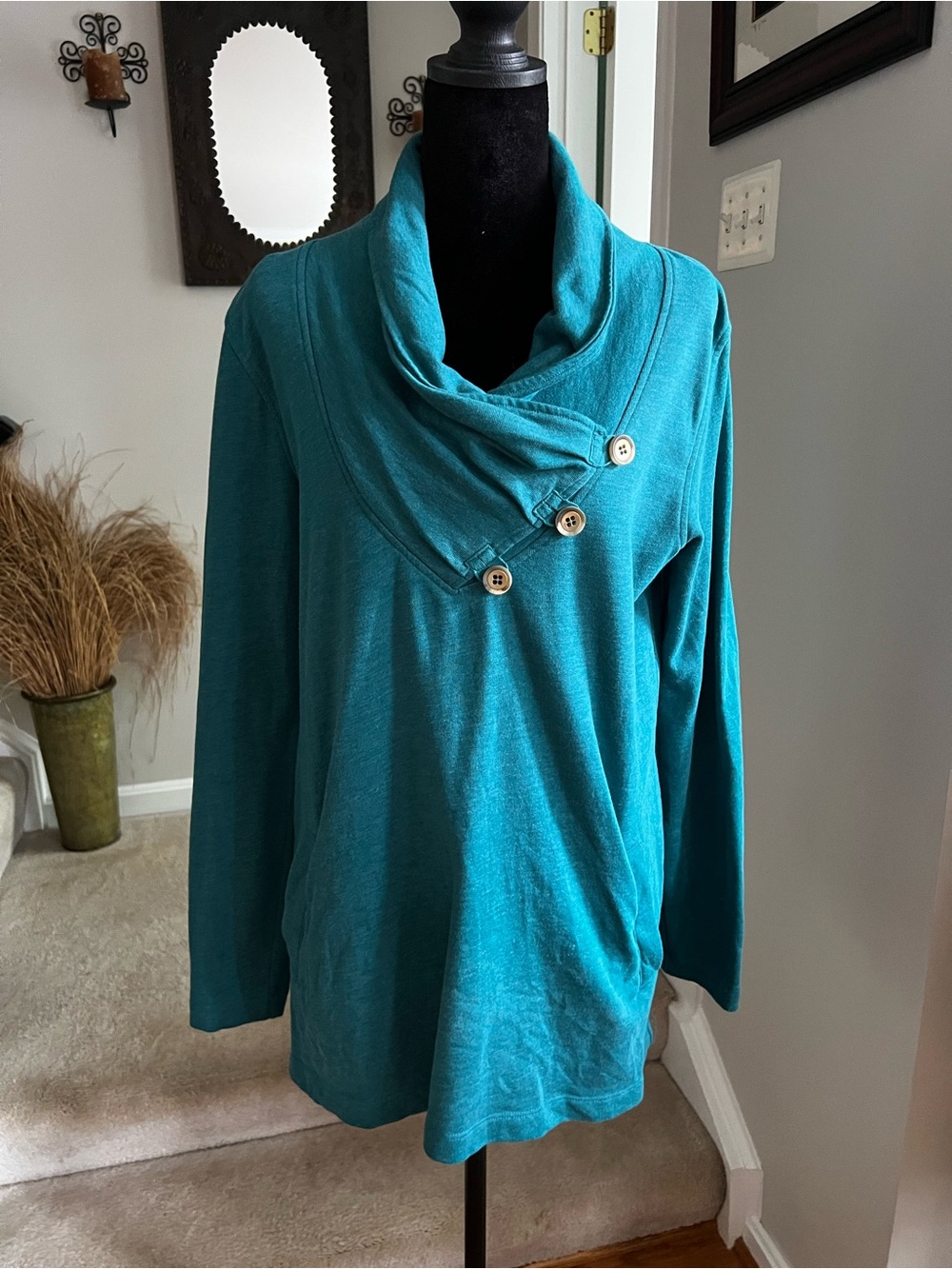 Soft Surroundings Teal Button-Accent Cowl Neck Tunic Sweatshirt Small